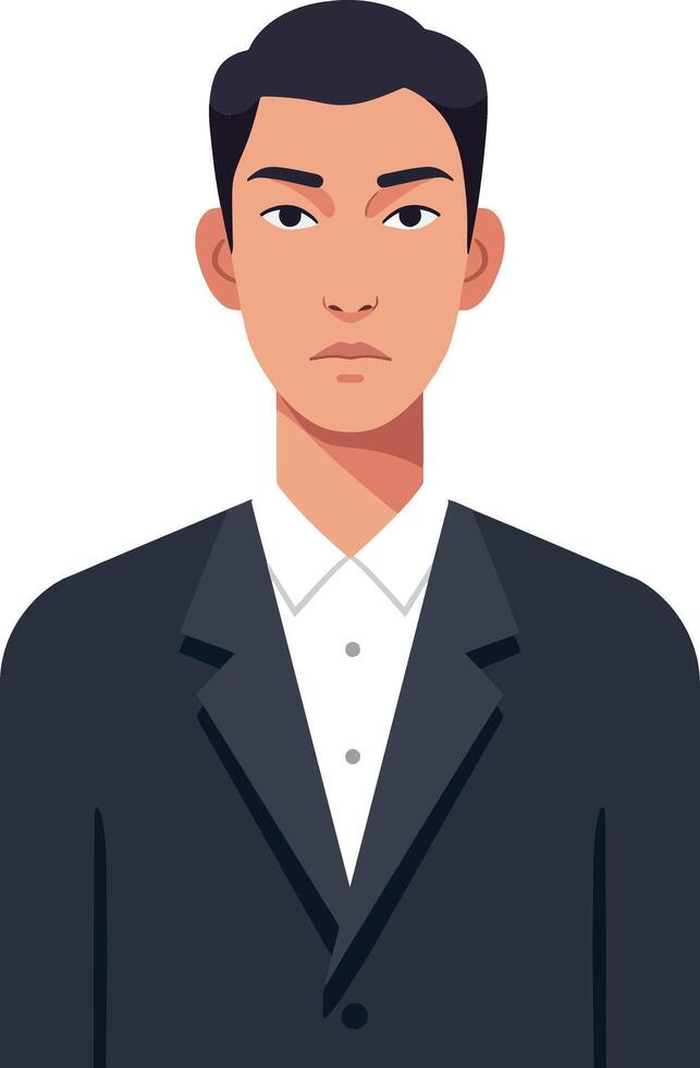 Professional young man in a black suit with a neutral expression in flat art vector