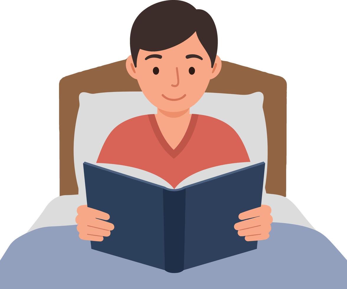 Young boy reading a book in bed with a relaxed expression, flat illustration vector