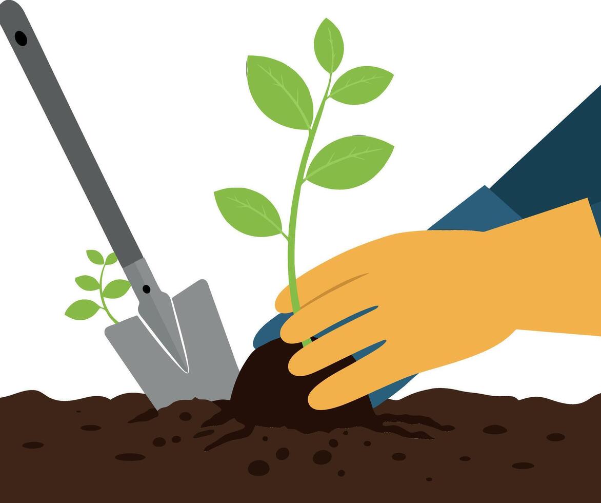 Hand planting a young green plant in rich soil with a shovel in a minimal illustration vector