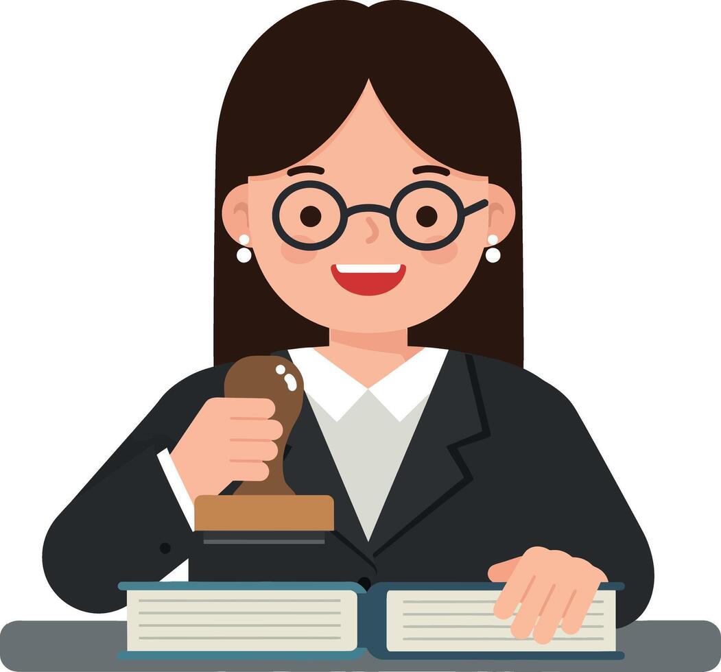 A professional woman in a suit using a stamp on a large book in flat art vector