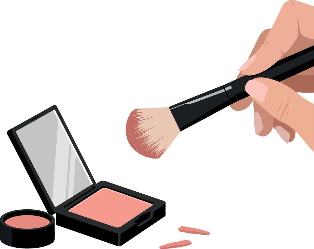 Hand applying blush with a brush from a compact in minimal illustration vector