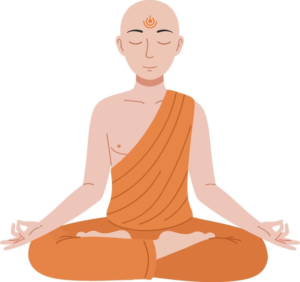 Meditating monk in orange robe practicing mindfulness in a serene and peaceful setting illustration vector