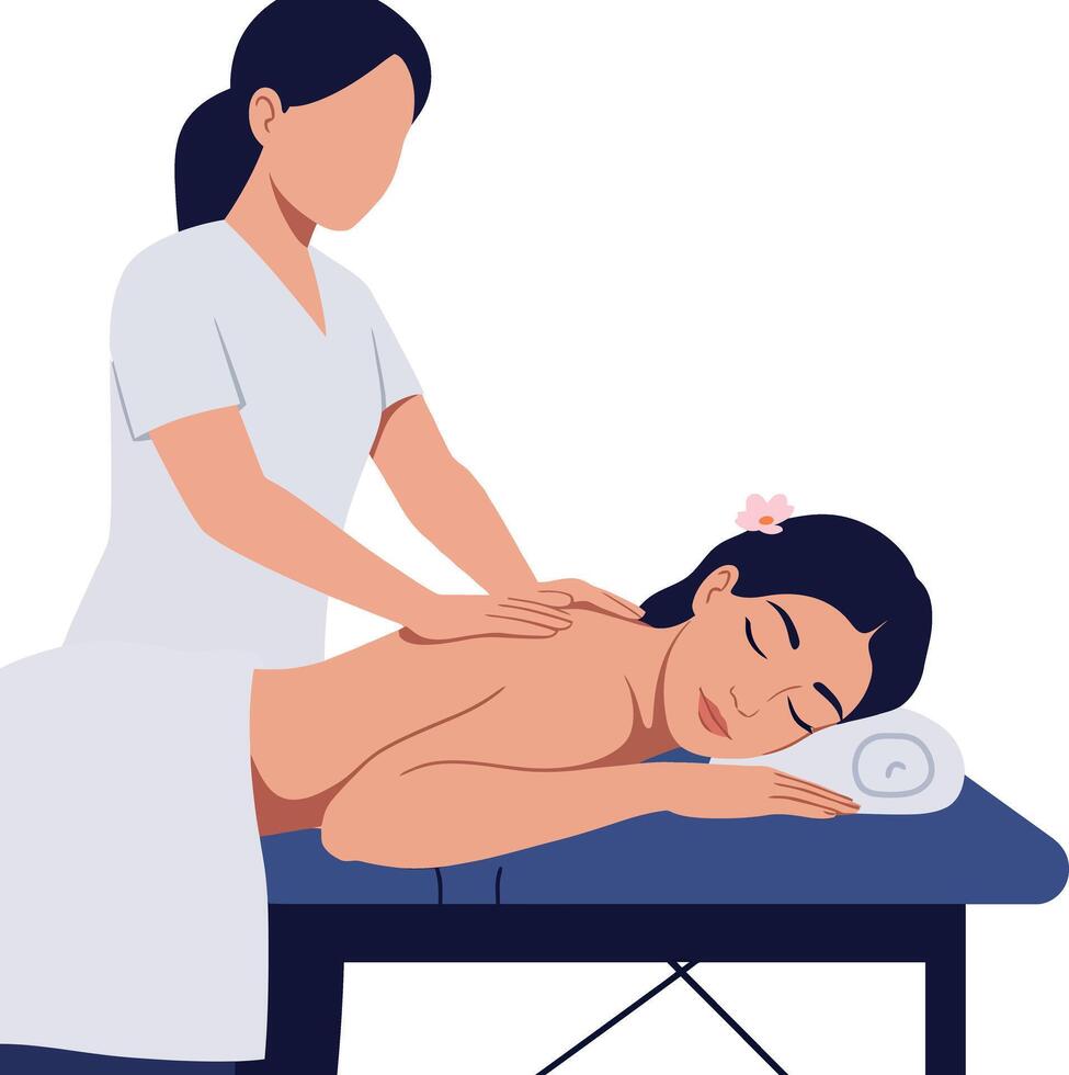 Massage therapist gently working on a clients back in a serene flat illustration vector
