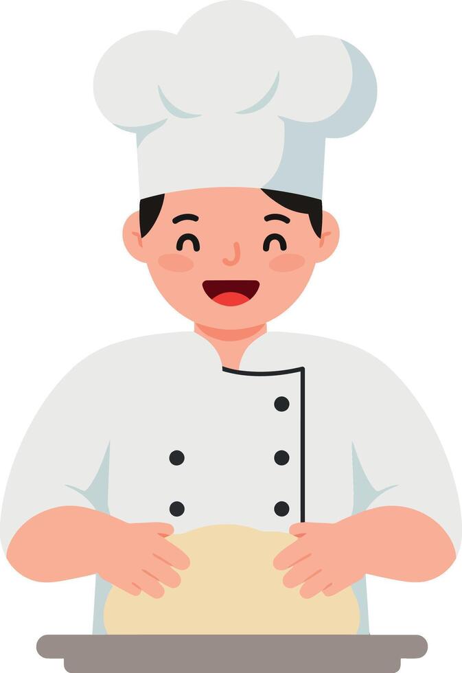 Chef happily kneading dough in a bright kitchen, flat design illustration vector