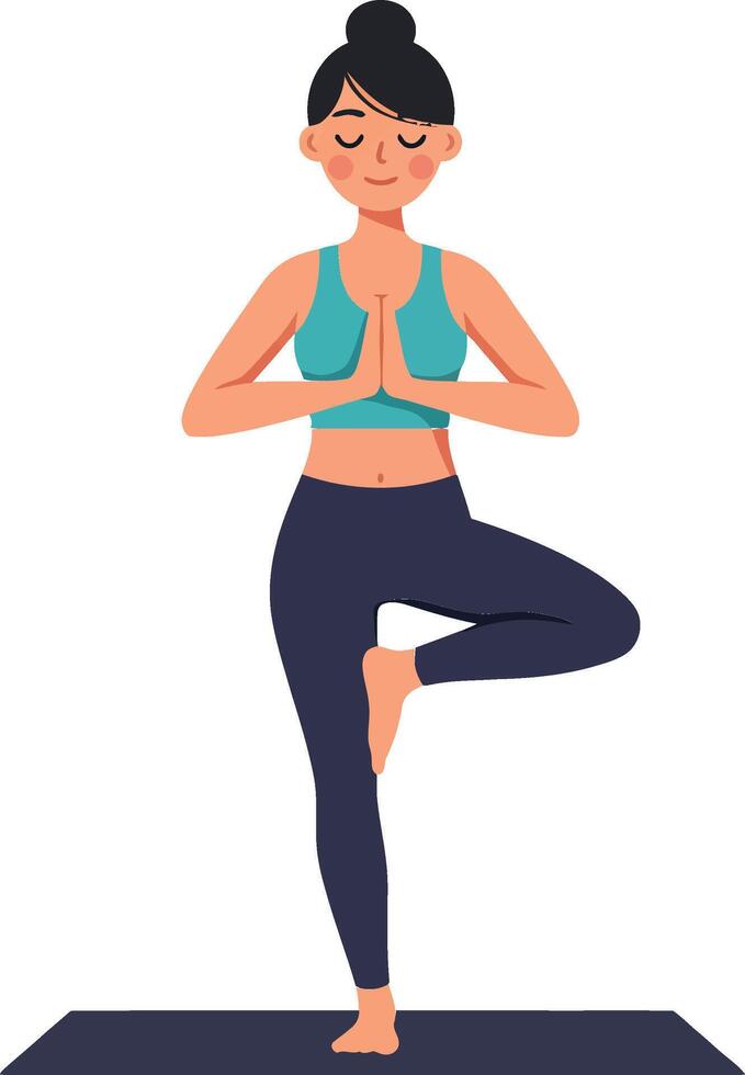 A woman practicing yoga in a serene pose on a mat, flat illustration vector
