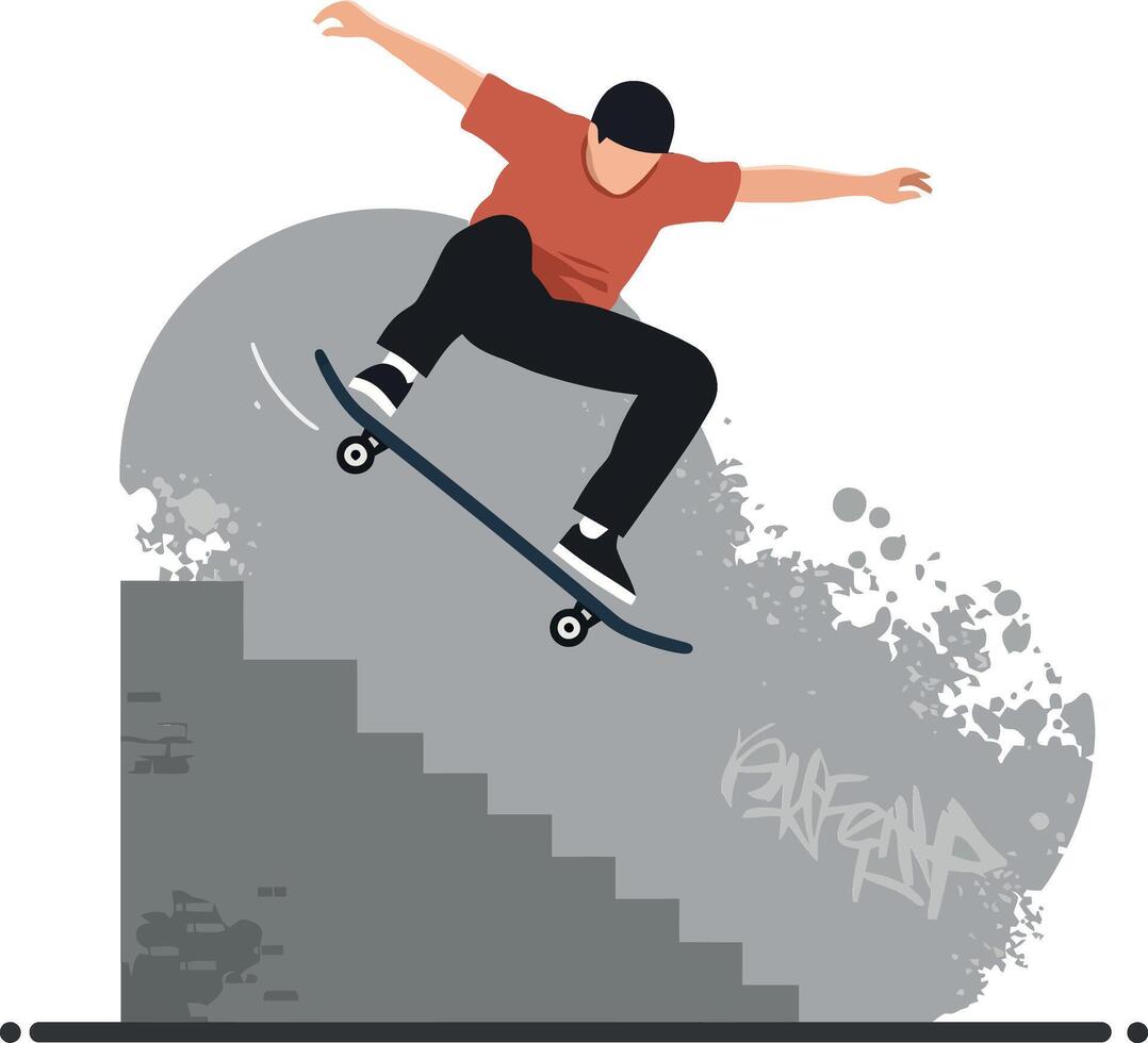 Skateboarder performing a trick over stairs in a dynamic flat illustration vector