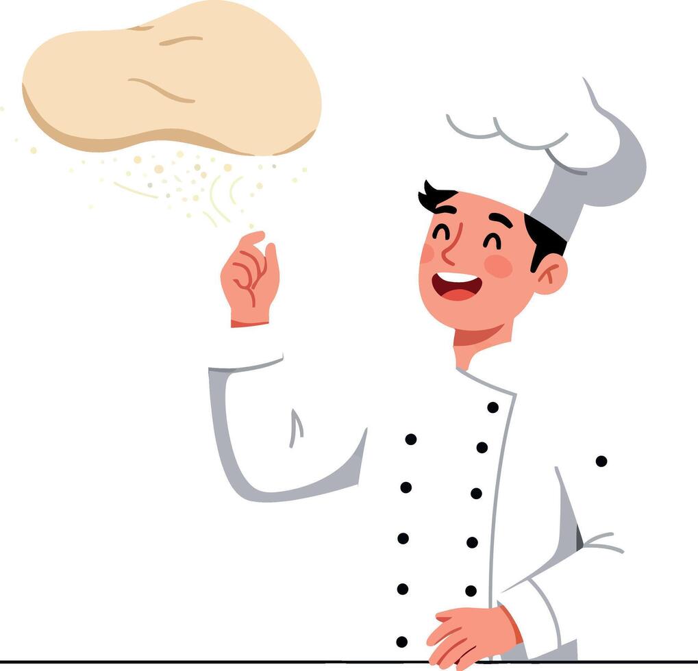 A cheerful chef tossing pizza dough in the air, featuring a flat and minimal design style, showcasing skill and joy in art vector