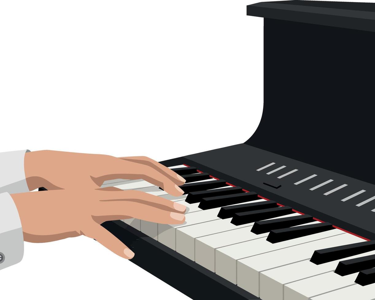 A skilled musician playing a grand piano in a flat style illustration showcasing fingers gracefully pressing the keys vector