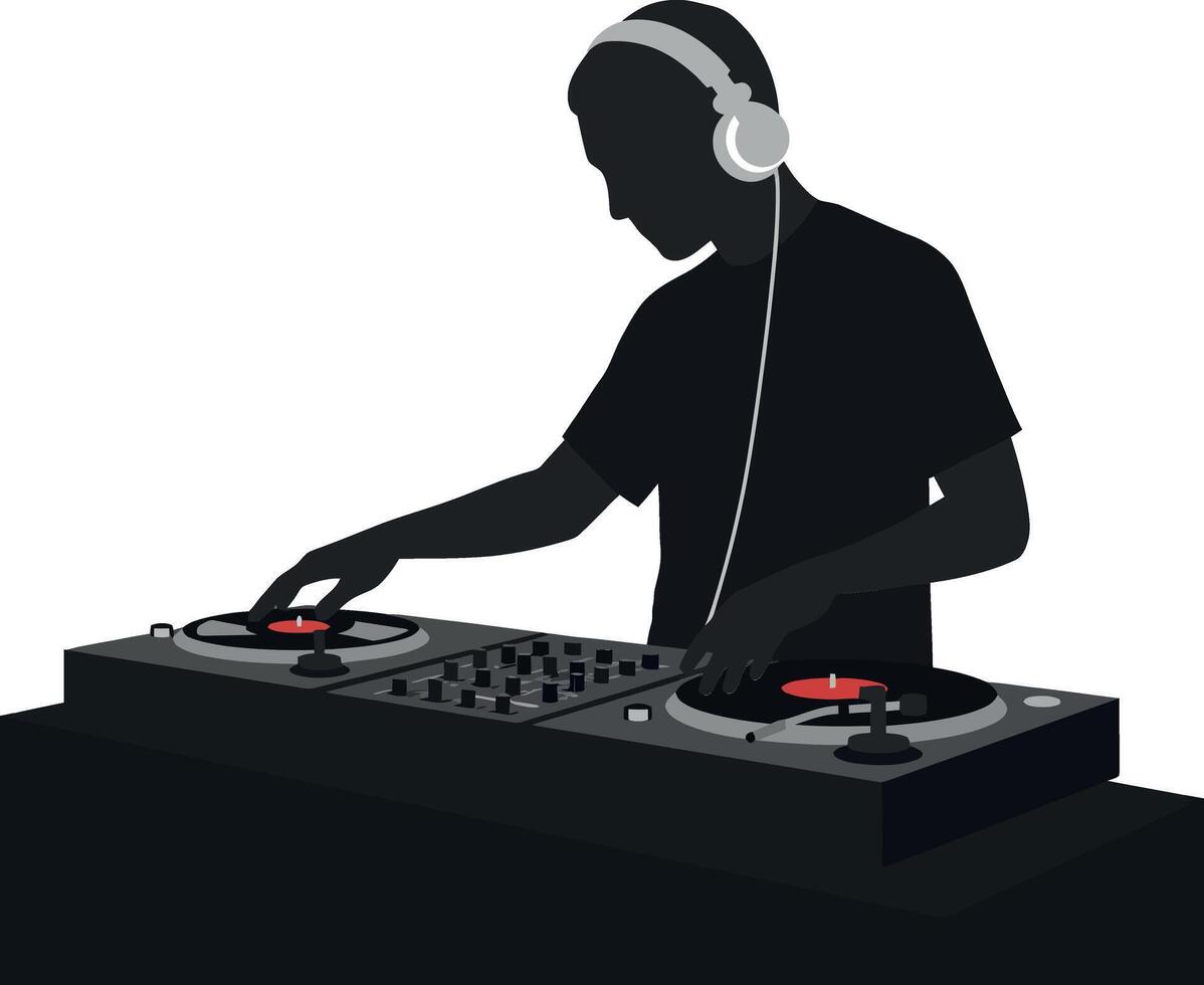 DJ mixing music on turntables in a minimal illustration with vibrant colors and dynamic shapes vector