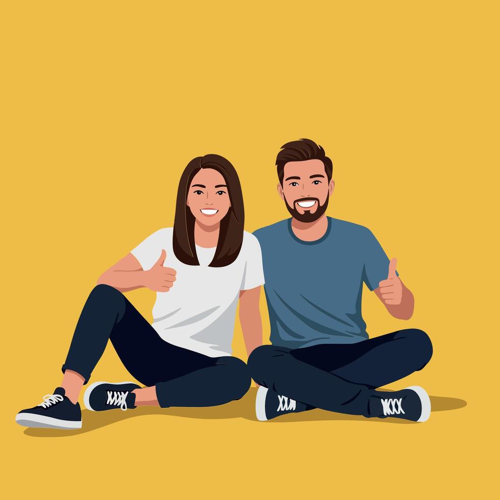 Two friends sitting side by side on the floor in a cheerful flat illustration vector