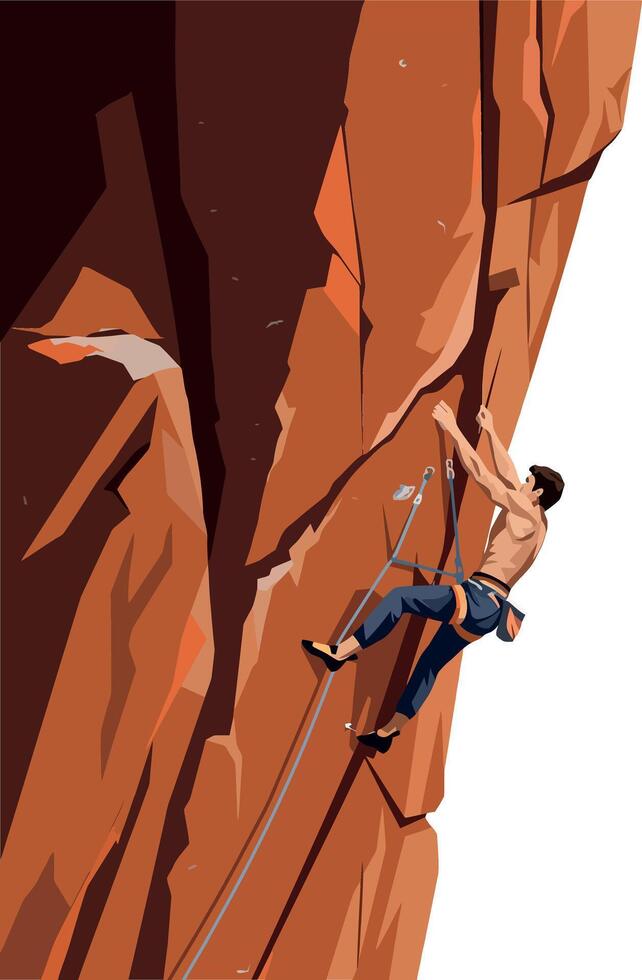 A climber scaling a rugged rock face in flat design art vector