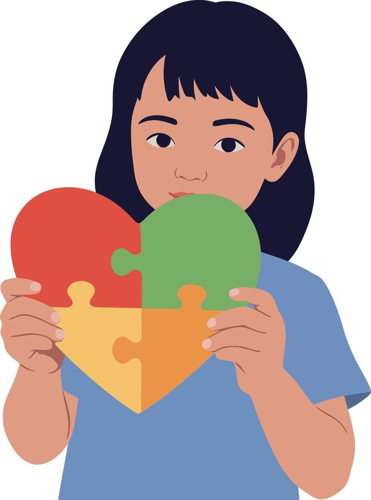Young girl holding a colorful heart puzzle in flat art style, expressing creativity and playfulness vector
