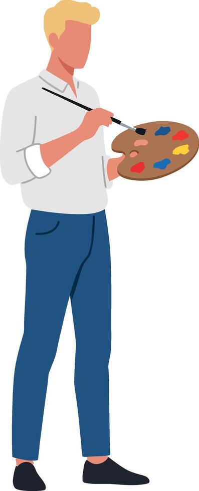 A young male artist standing with a paint palette and brush, showcasing a minimal and modern design style in illustration vector