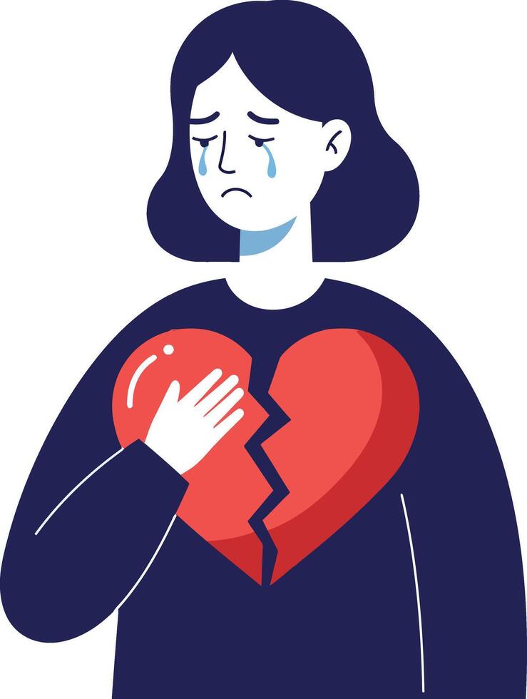 A woman holding a broken heart symbol in a minimal and emotional illustration vector