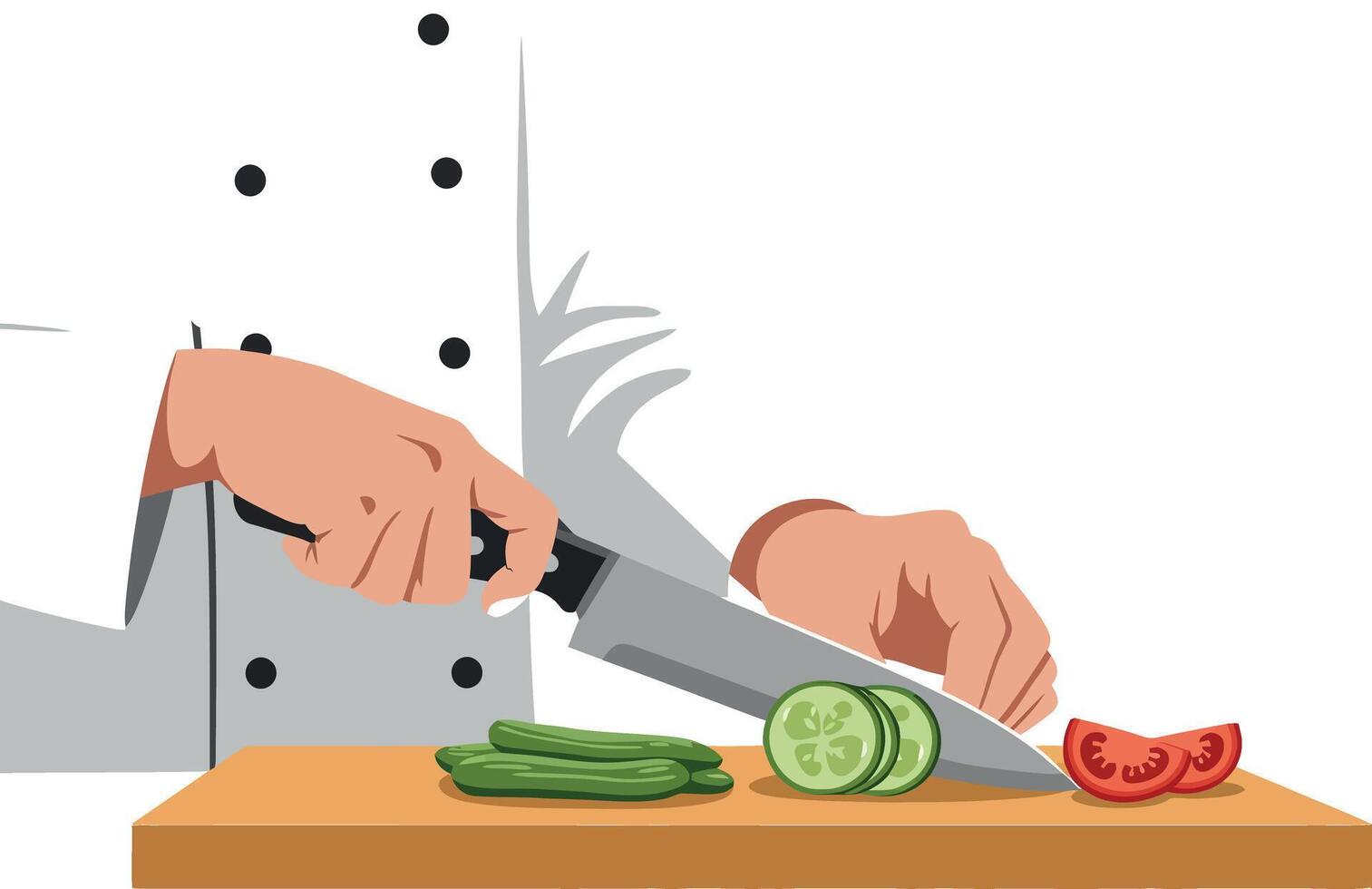 Chef skillfully chopping fresh vegetables on a wooden cutting board in flat art vector