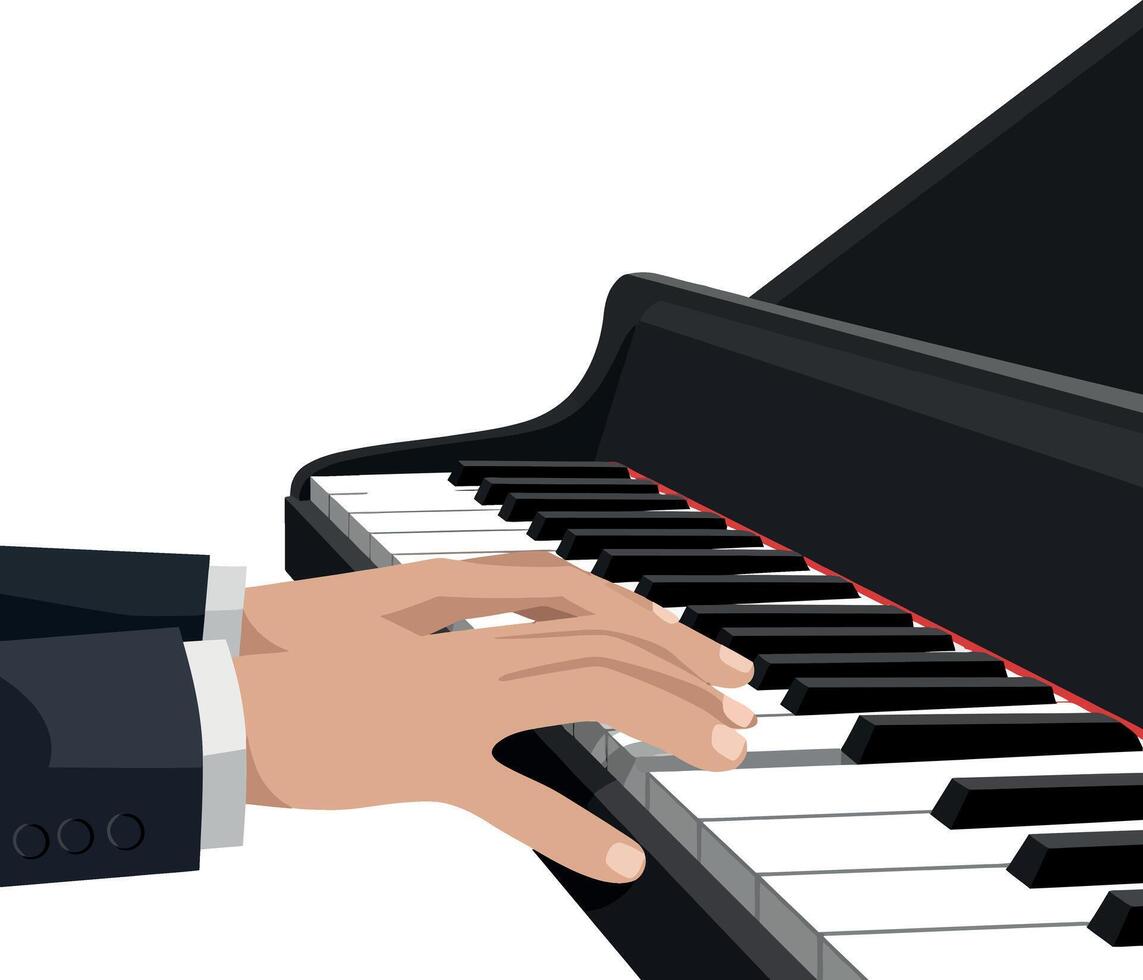 Hands gracefully playing a grand piano in a minimal flat illustration vector