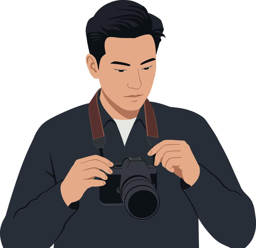 A focused young man adjusting a camera in a flat illustration showcasing his passion for photography vector