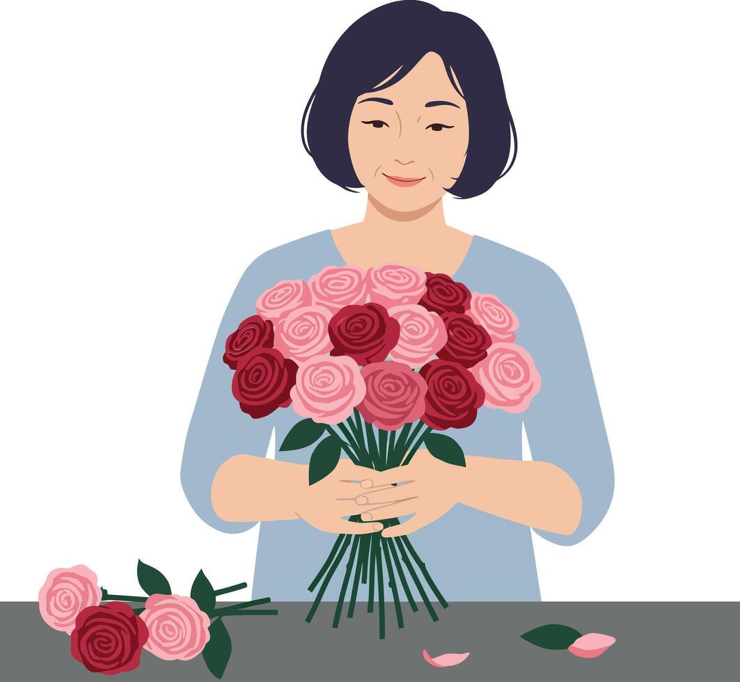 A woman delicately arranging a bouquet of pink and red roses in a minimal illustration vector