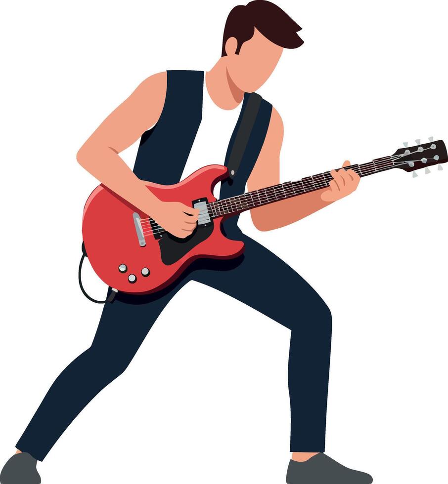 Musician passionately playing a red electric guitar in a flat illustration vector