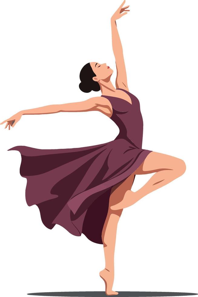 Elegant dancer in a flowing maroon dress performing a graceful pose in flat illustration vector