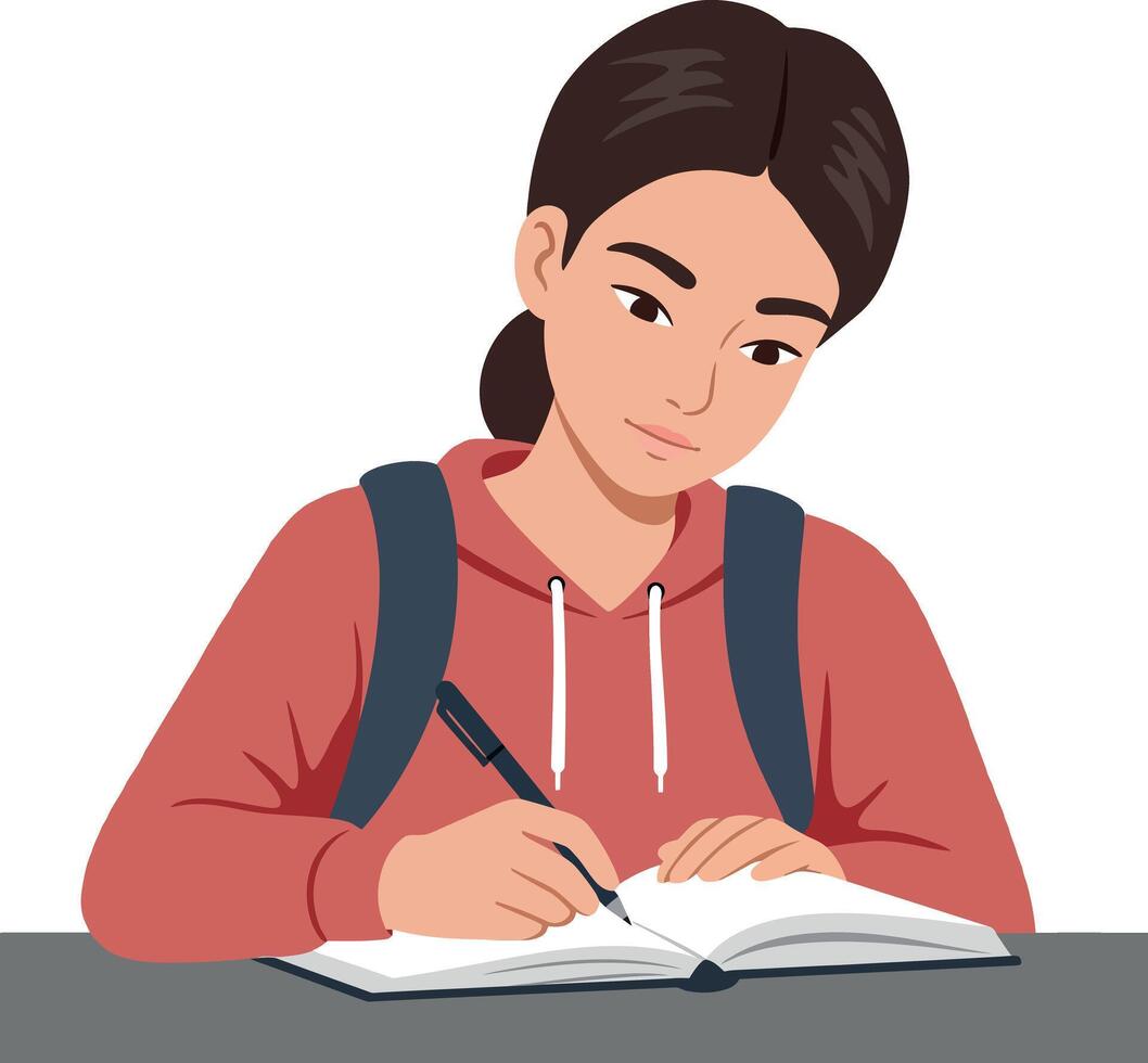 A focused student writing in a notebook while sitting at a desk in a flat illustration vector