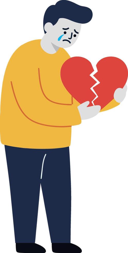 A sad man holding a broken heart symbol in a flat illustration depicting heartbreak and emotional distress vector