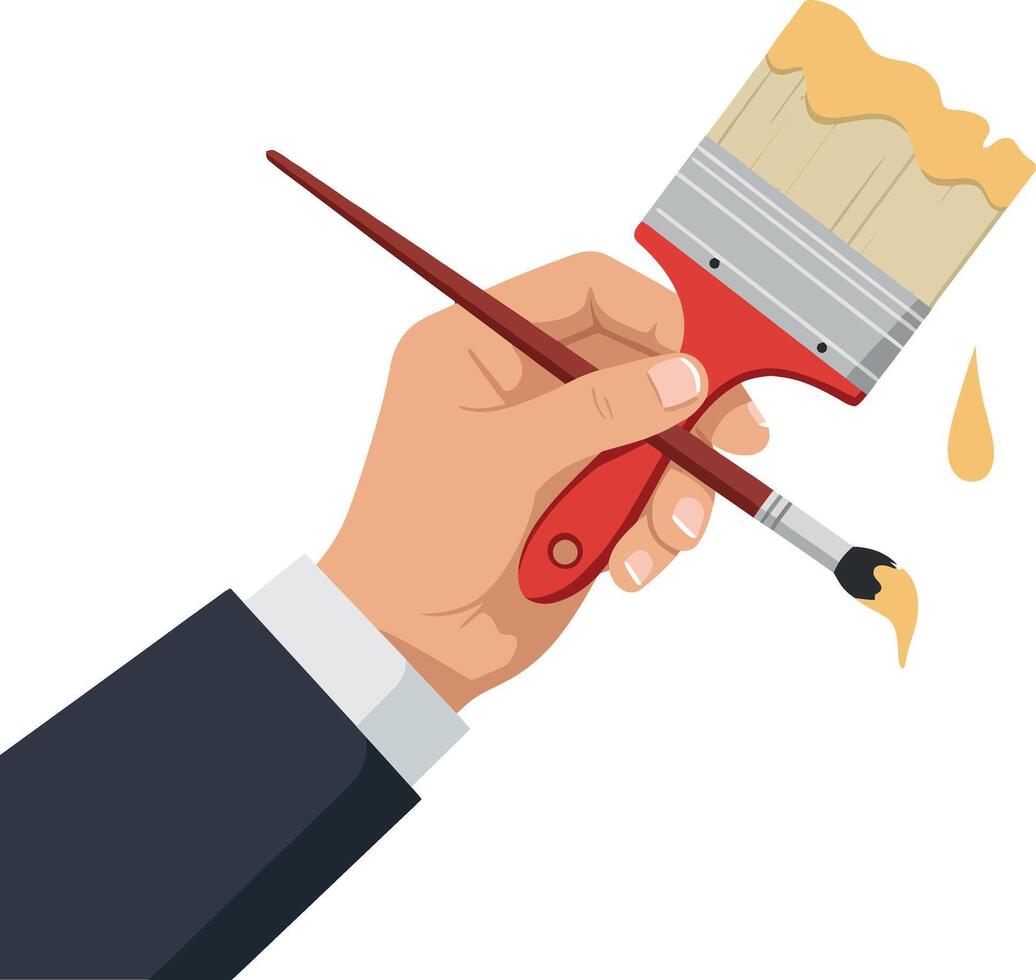 Hand holding a paintbrush with yellow paint in a minimal flat design art vector