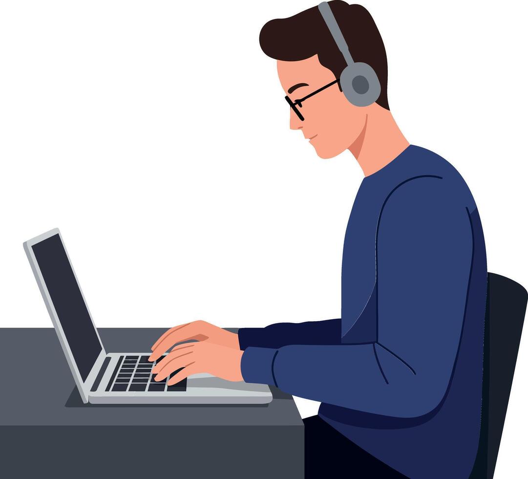 Young man focused on laptop while wearing headphones in minimalistic illustration vector
