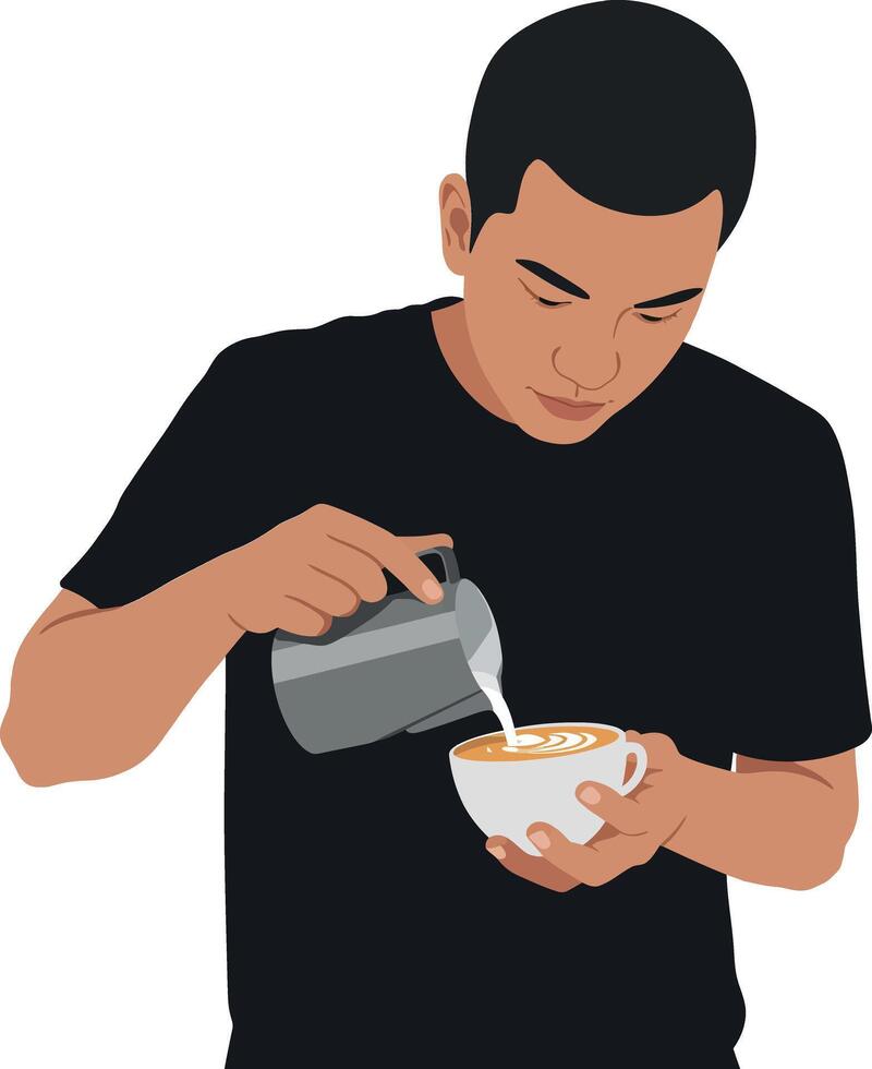 A barista skillfully pouring milk into a coffee cup, minimal style illustration vector