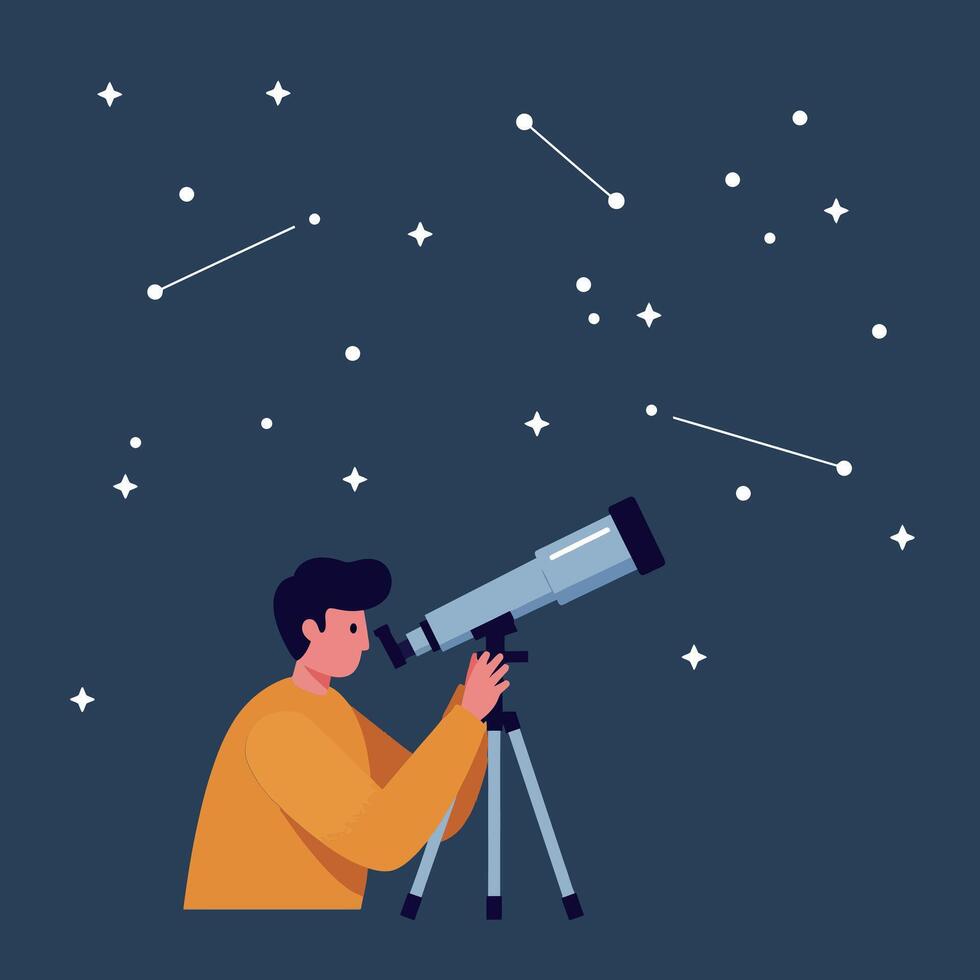 A man observing stars through a telescope in a dark sky, flat art vector