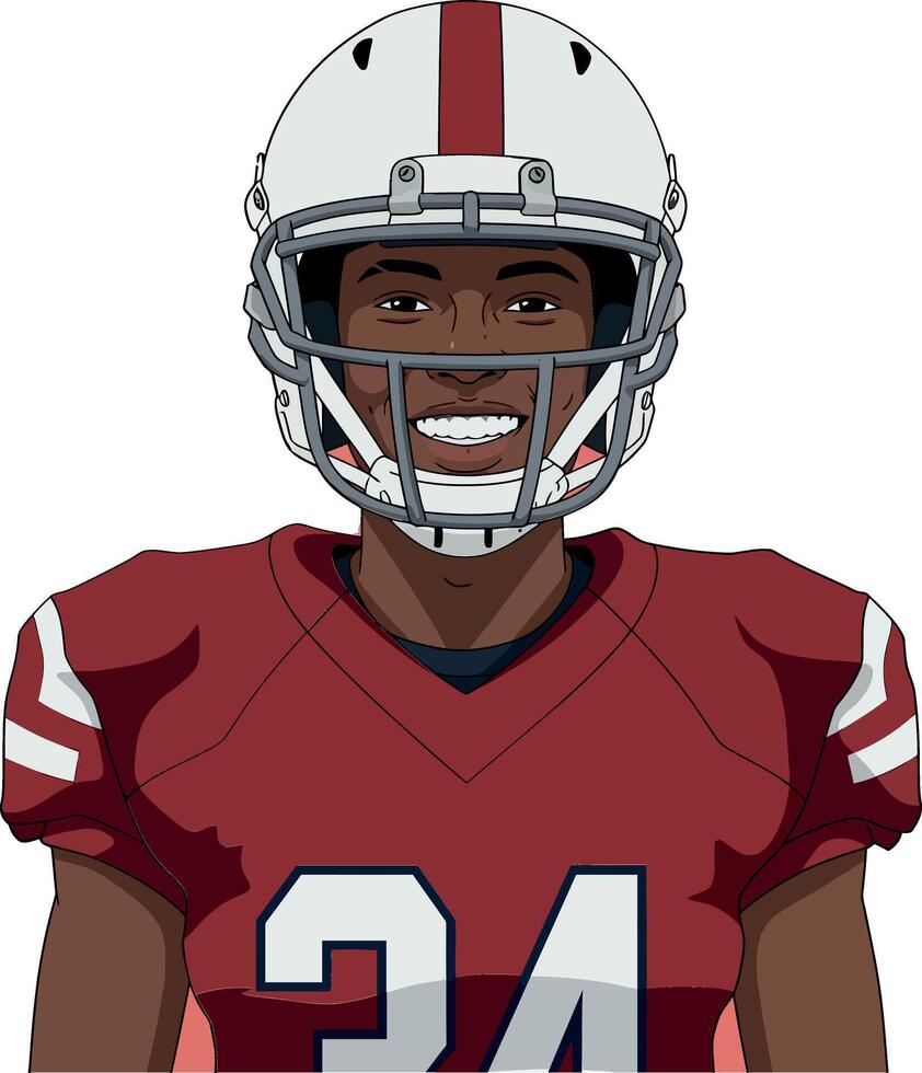 Football player in a red jersey and helmet smiling confidently, minimal art vector