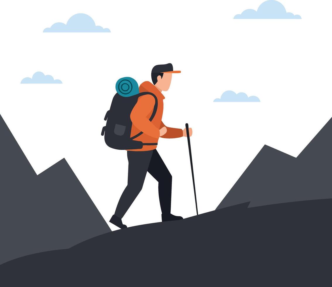 Hiker in an orange jacket trekking through mountainous terrain in flat art vector
