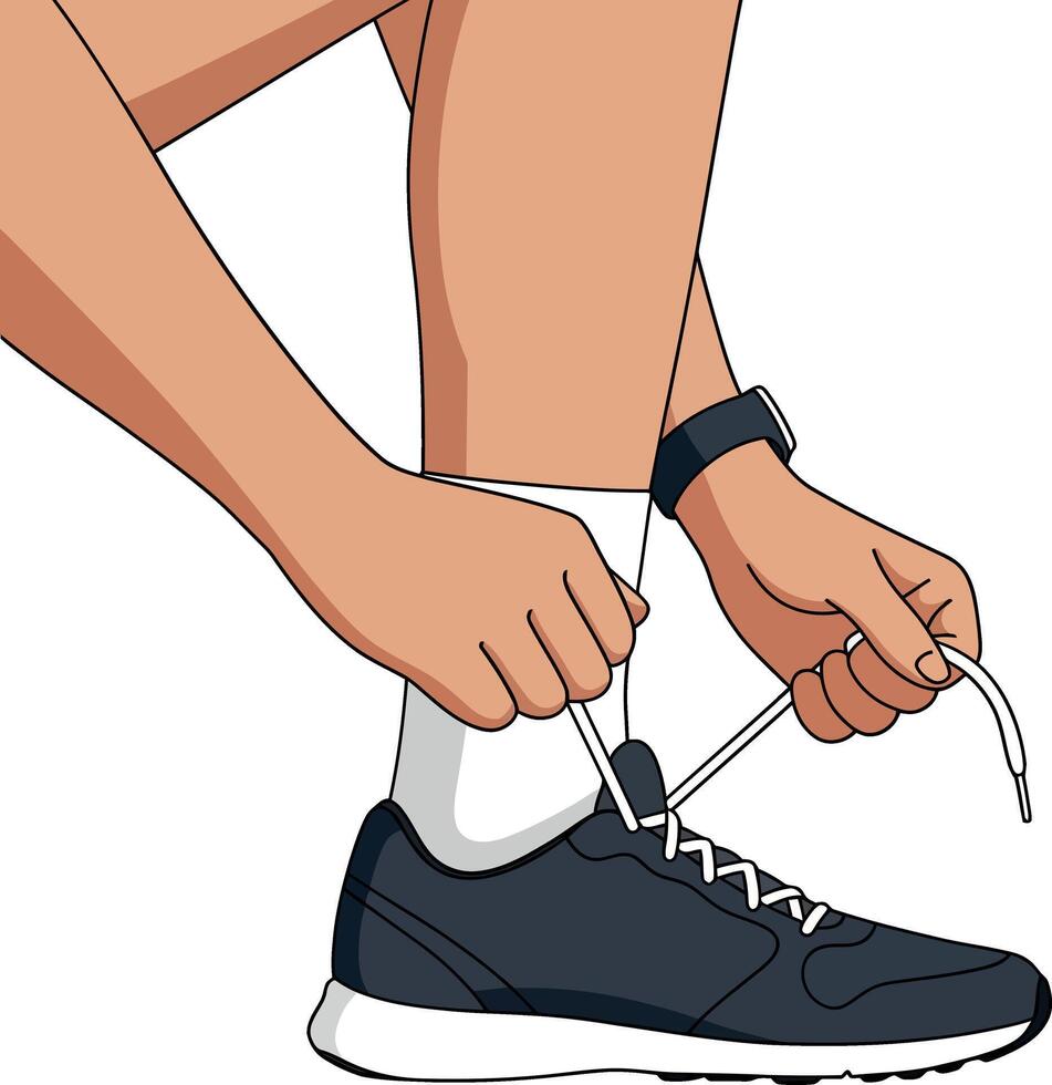 Man tying shoelaces on a running shoe in a flat, minimal style illustration vector