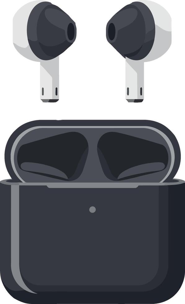 Black wireless earbuds in a sleek charging case, minimal and modern art vector