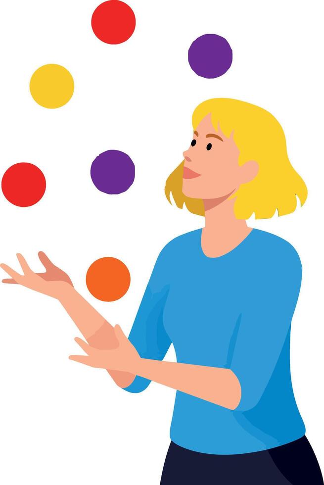 A woman joyfully juggling colorful balls in a playful and vibrant flat art scene vector