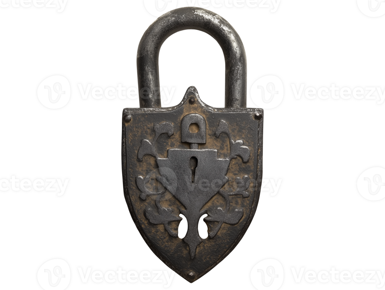 Detailed view of an antique ornate padlock with a shield-shaped design and visible rust png