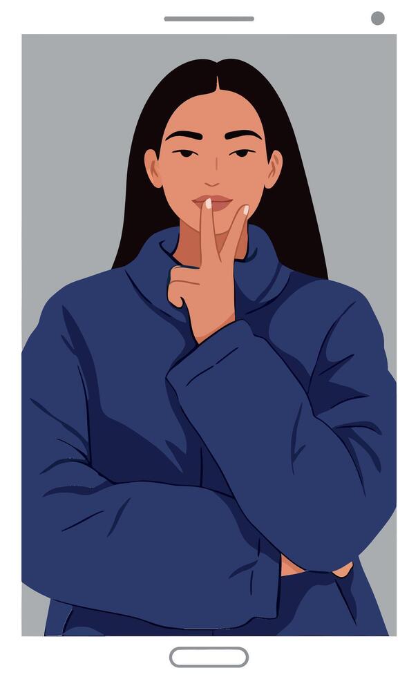 Woman in a blue jacket with finger on lips in flat illustration vector
