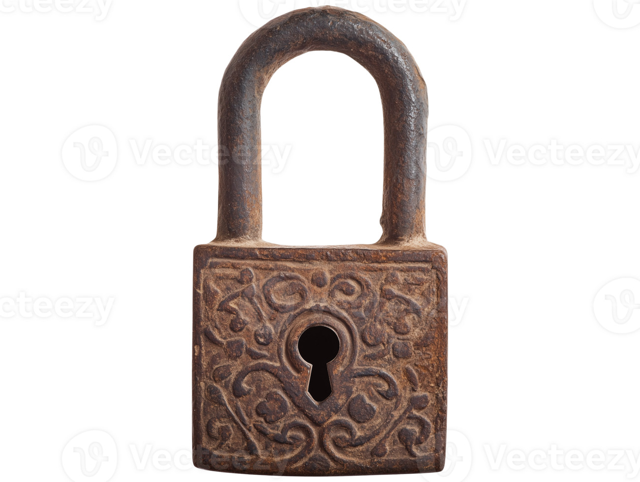 Close-up of an antique rusty metal padlock with ornate pattern and keyhole png