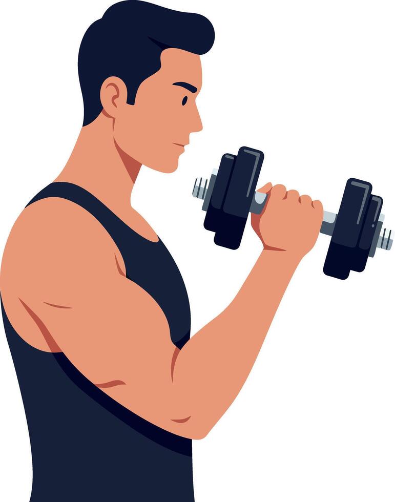 Young man lifting a dumbbell in a flat design style illustration showcasing strength and fitness vector