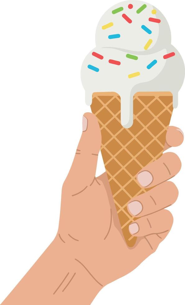 Hand holding a delicious ice cream cone with colorful sprinkles in flat art vector