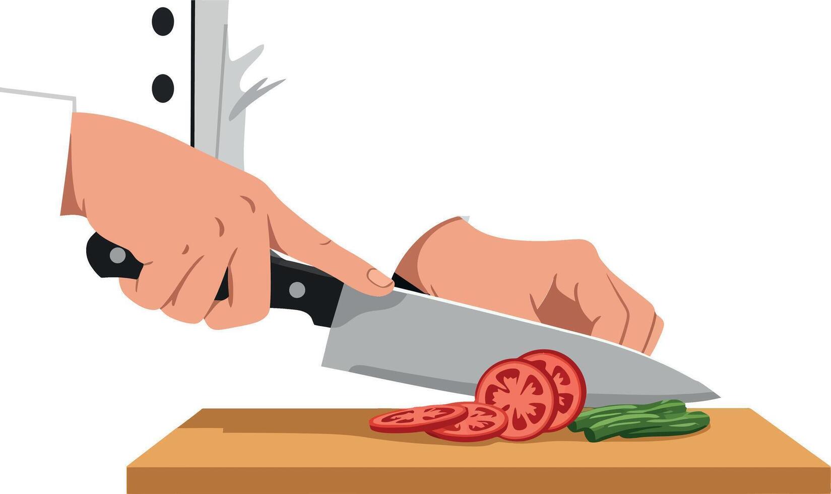 Chefs hands expertly slicing fresh tomatoes and asparagus on a wooden cutting board in minimal art vector