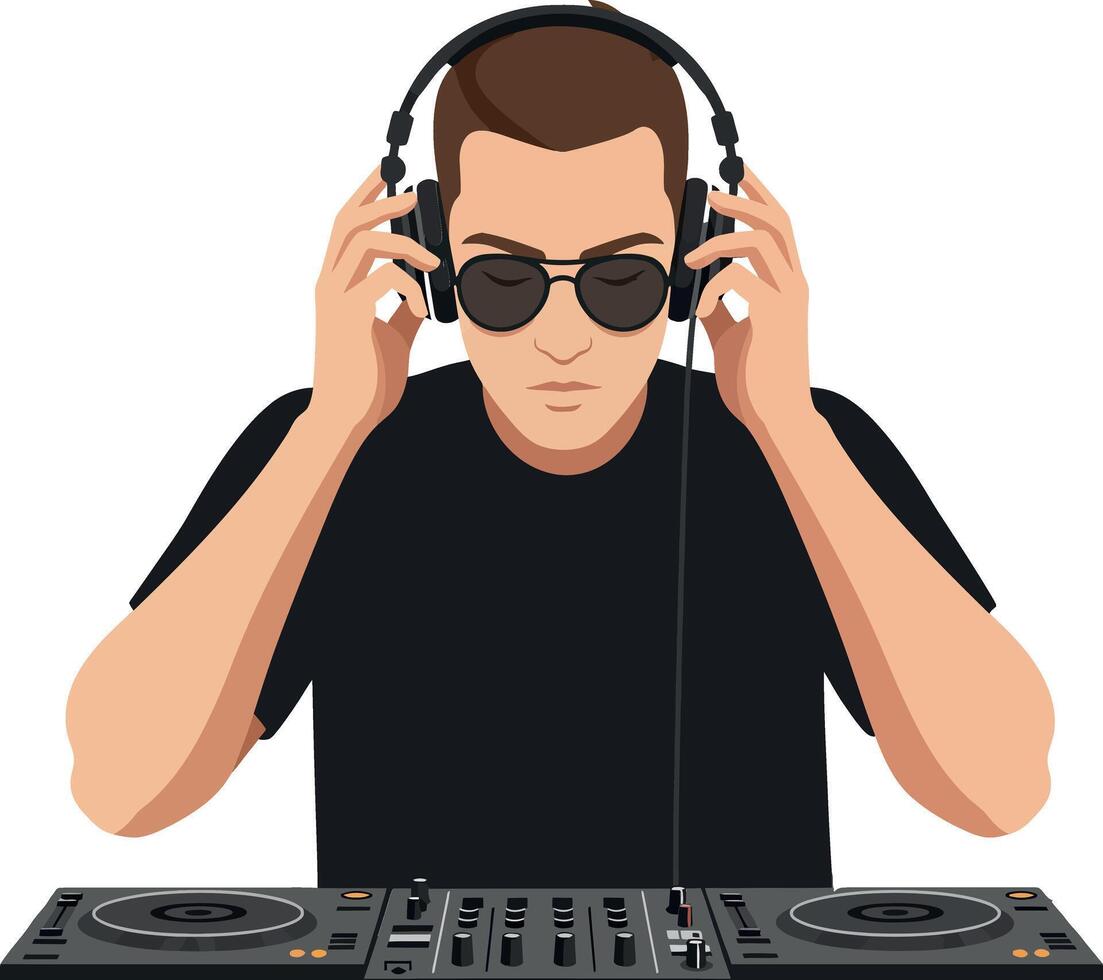 DJ focused on mixing tracks at a turntable in minimal art vector