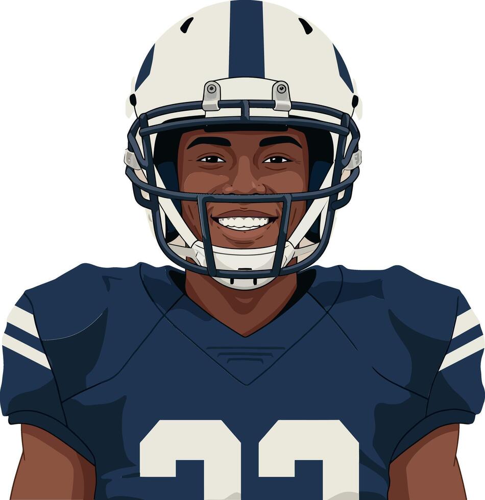 Cheerful football player wearing blue jersey and helmet in flat art style vector