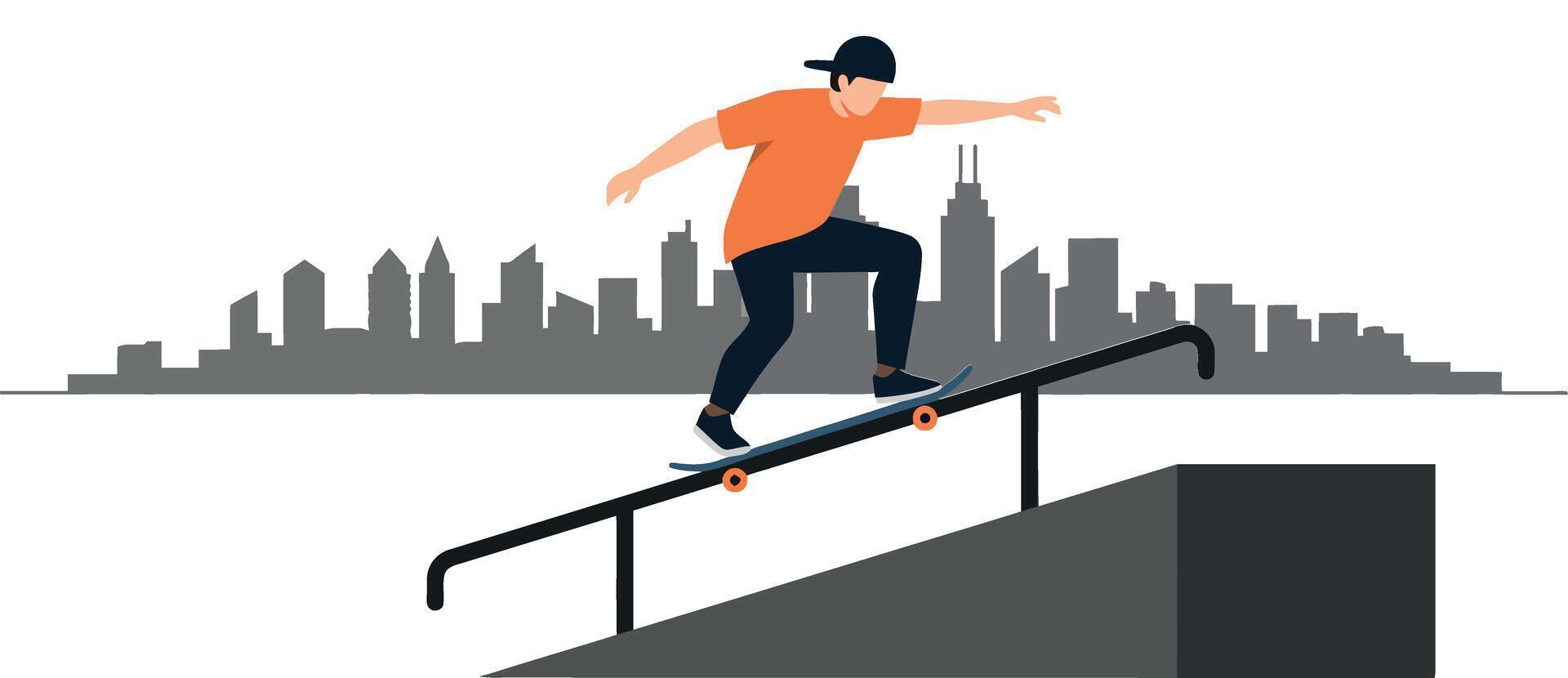 Skateboarder performing tricks on a rail in a minimal urban skyline illustration vector