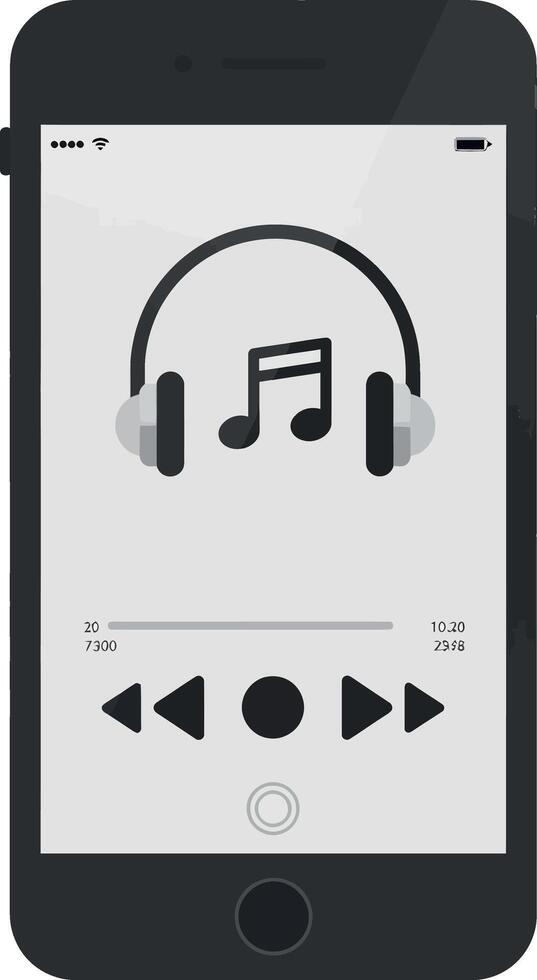 Smartphone displaying music player interface with headphones in flat illustration vector