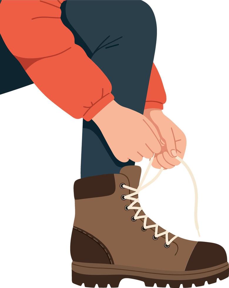 Person tying hiking boot laces in a casual outdoor setting with flat art style vector