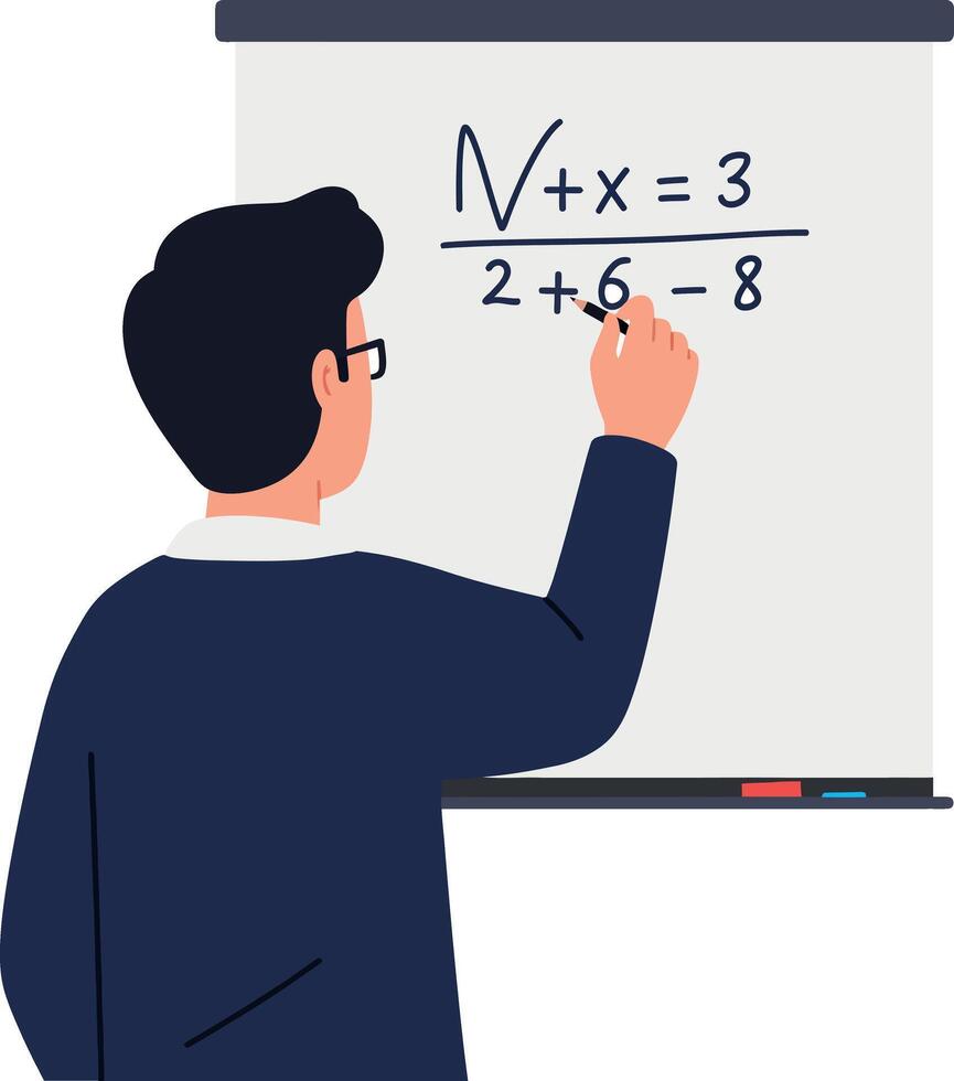 Teacher writing mathematical equation on whiteboard in flat illustration style vector