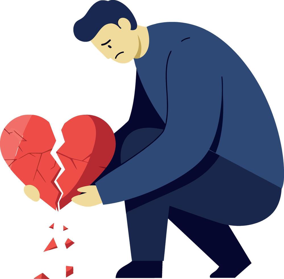 Man kneeling with a broken heart, expressing sadness in flat illustration vector