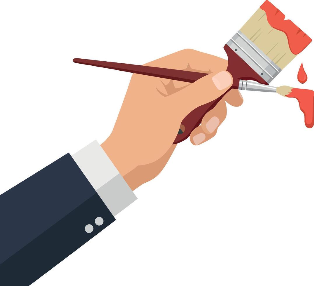 Hand holding a paintbrush with red paint drips in a flat illustration vector