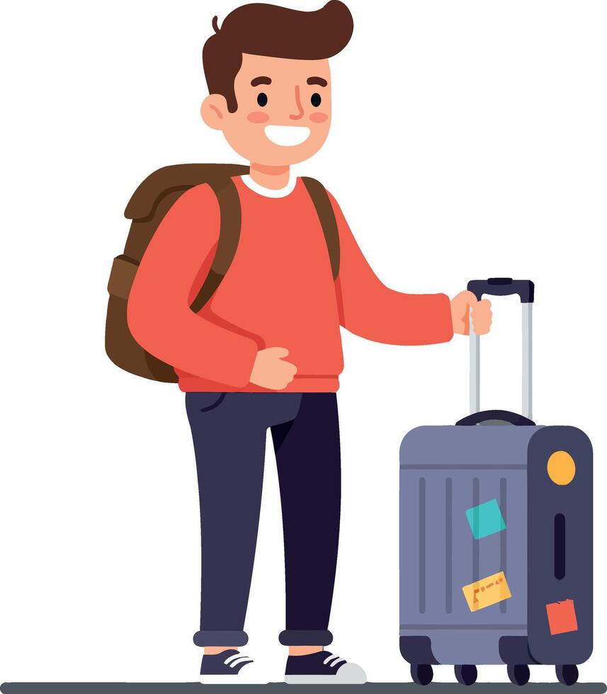 Young traveler with a brown backpack and suitcase in a flat illustration vector